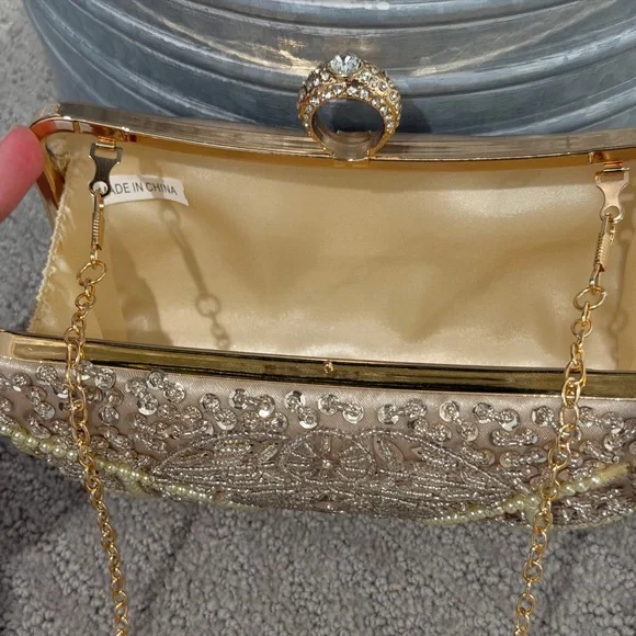 Embellished Beaded Champagne Evening Clutch - Picture 7 of 12